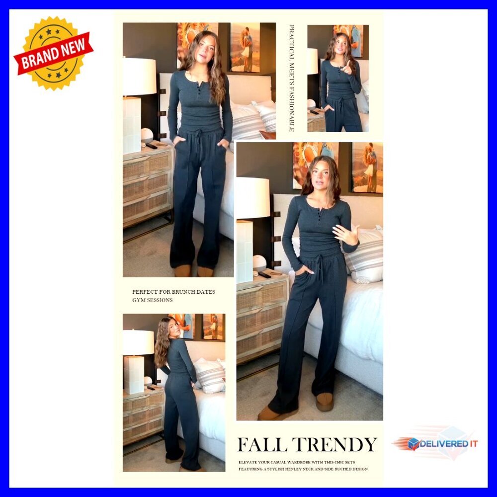 Small Cotton Blend Lounge Set Long Sleeve Henley Wide Leg Pants - Picture 6 of 7